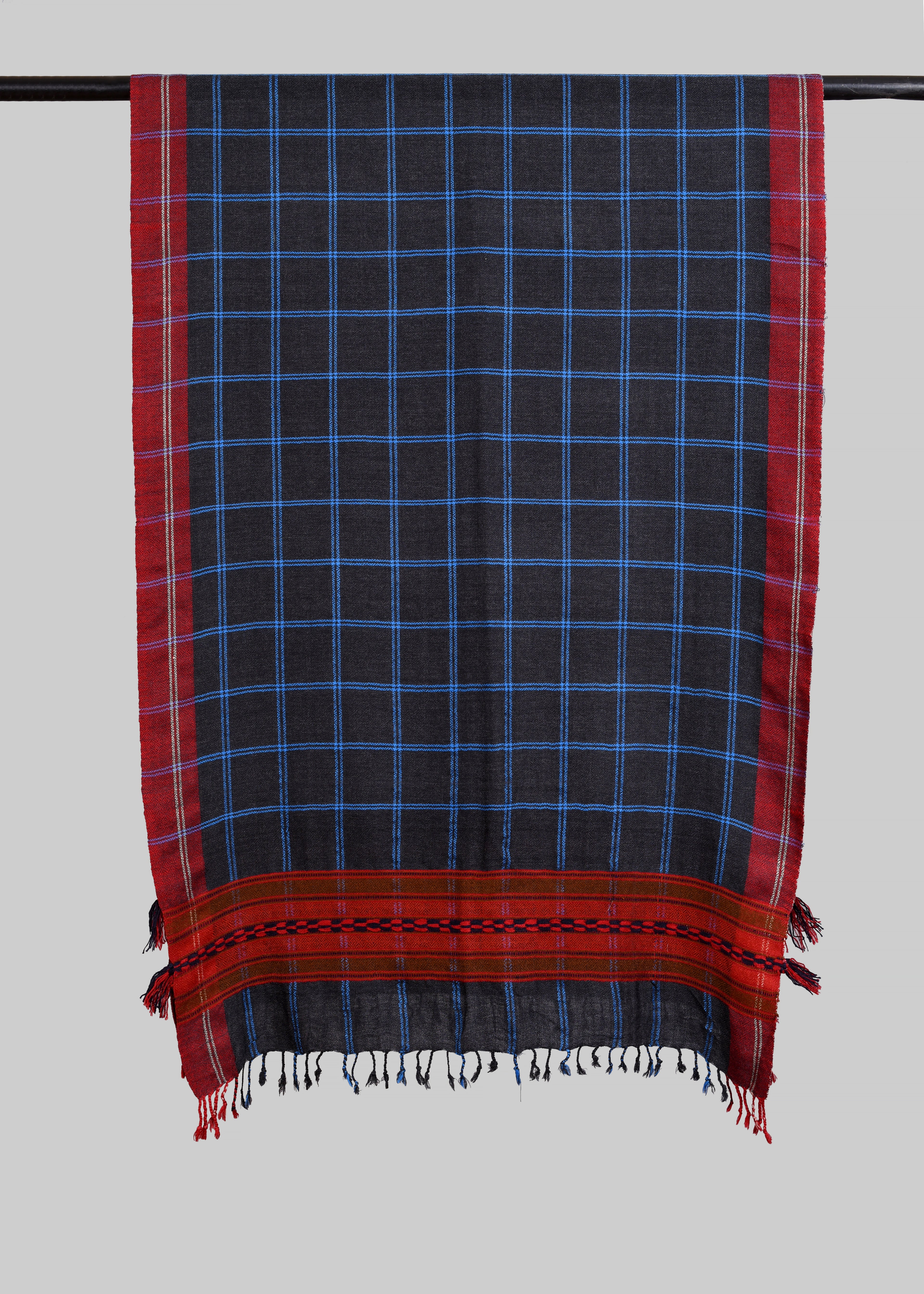 Kullu Handwoven Woollen Stole – Midnight Blue Checks on Black
