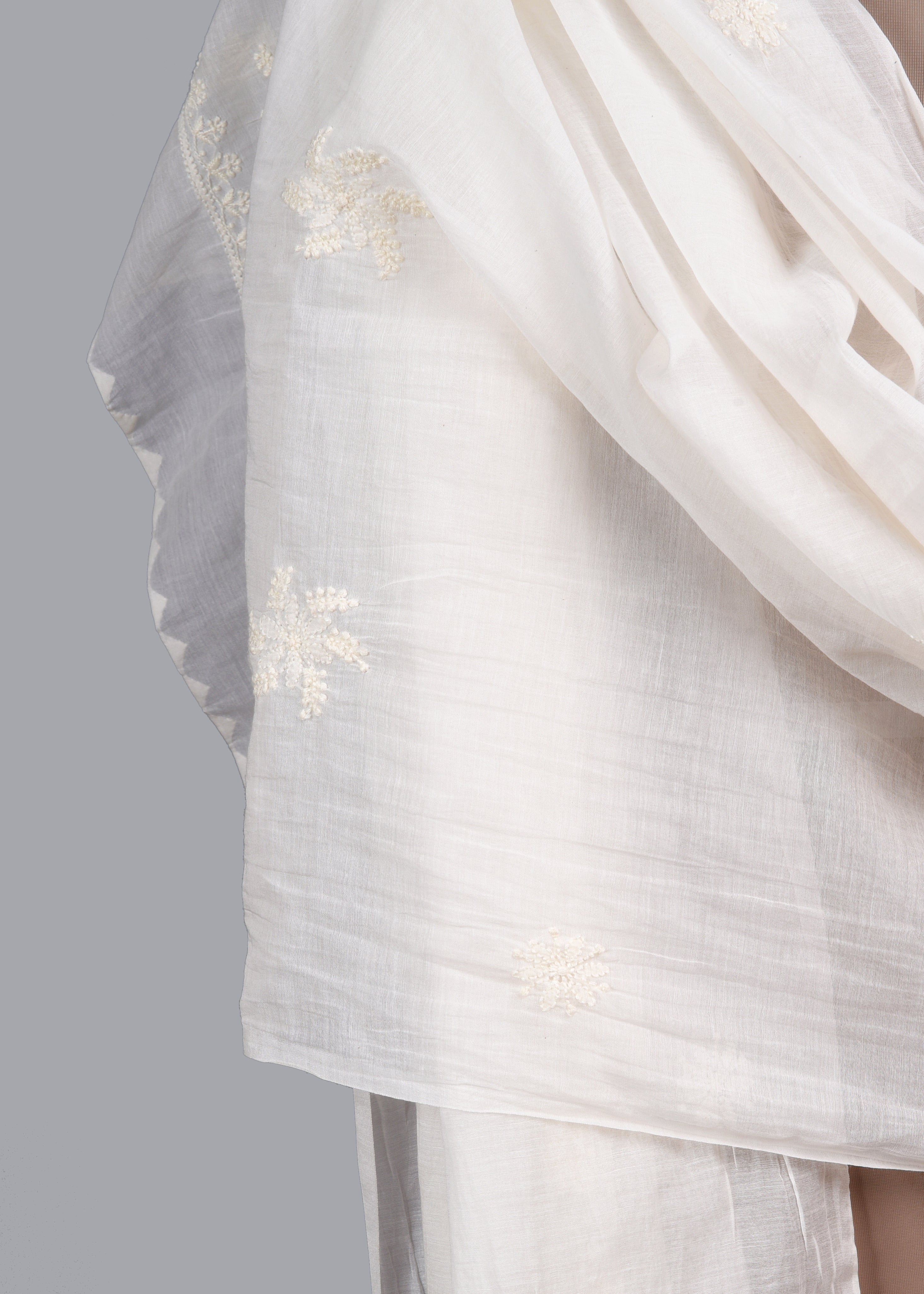 Chikankari Chanderi Dupatta: Ivory Blossom