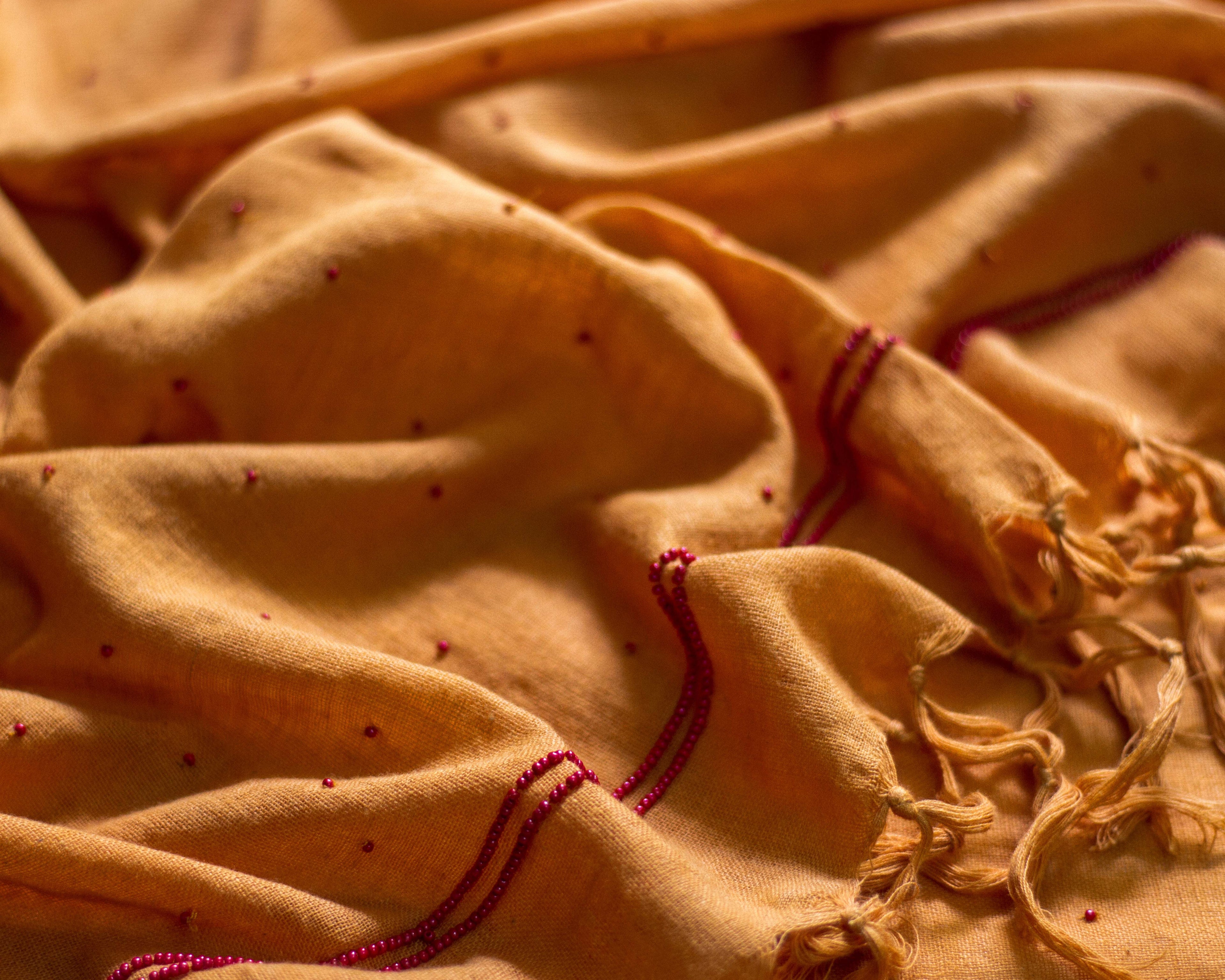 Zardozi Dupatta - Orange Mustard: Red Beads