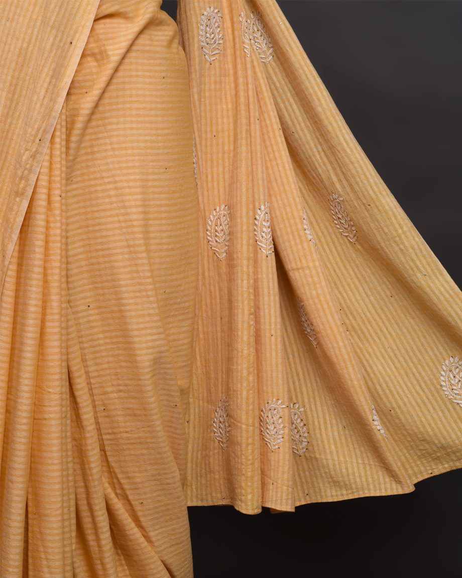 handlooom sari with Lucknowi chikankari embroidery handmade yellow saree