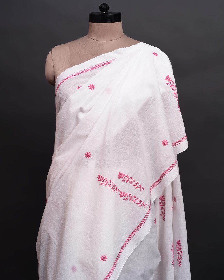 handlooom sari with Lucknowi chikankari embroidery handmade pink white natural