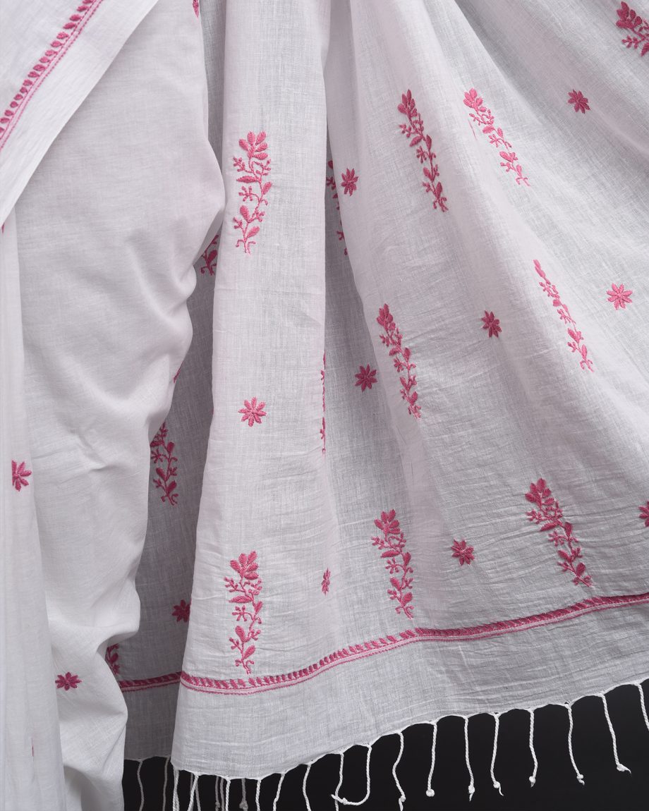 handlooom sari with Lucknowi chikankari embroidery handmade pink