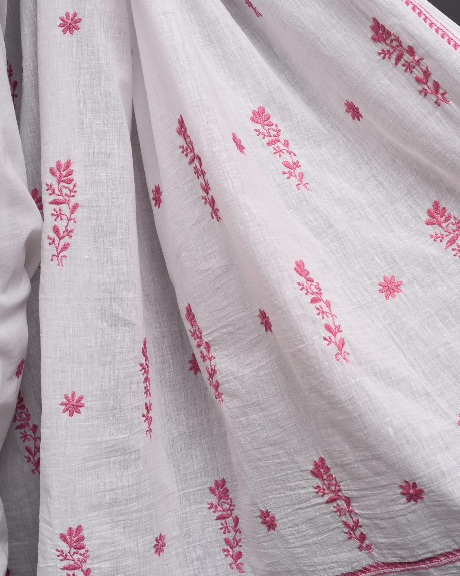 handlooom sari with Lucknowi chikankari embroidery handmade pink white natural