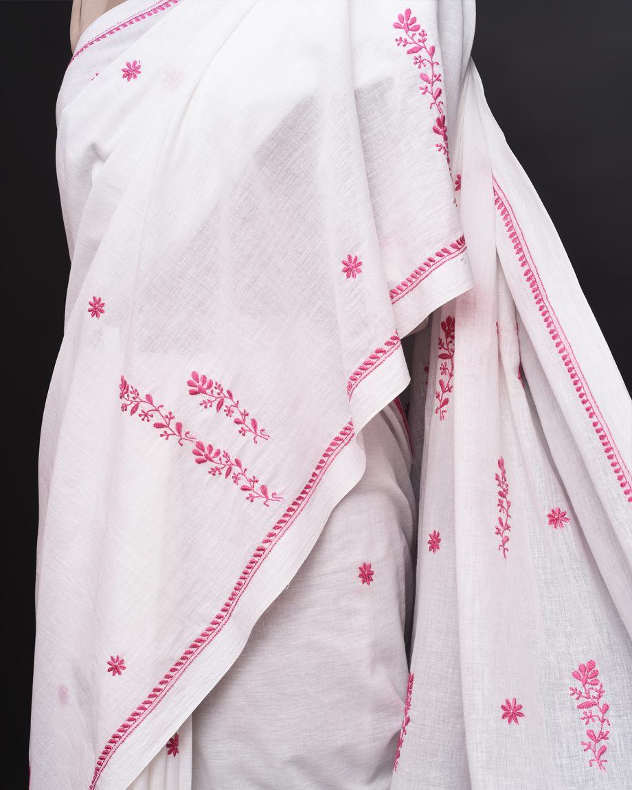 handlooom sari with Lucknowi chikankari embroidery handmade pink white natural