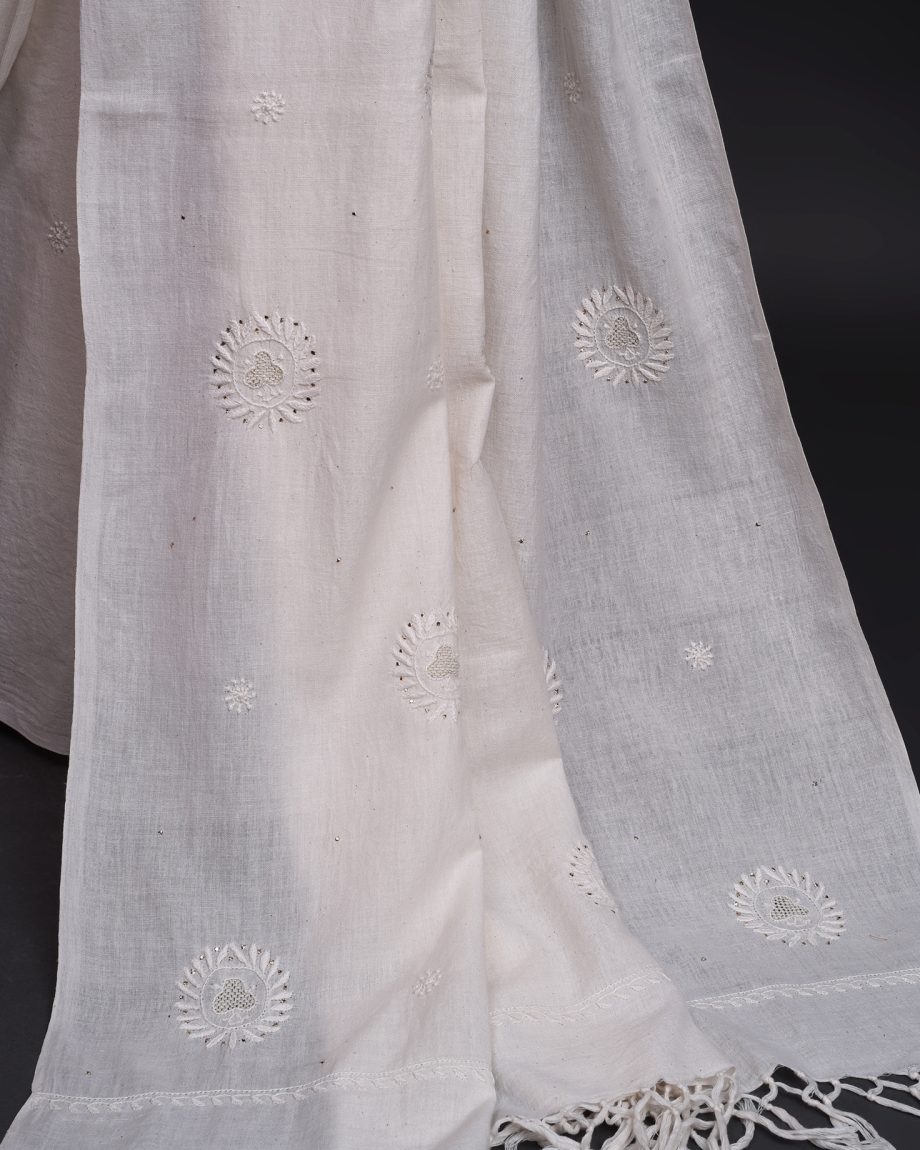 handlooom sari with Lucknowi chikankari embroidery handmade white jaal natural