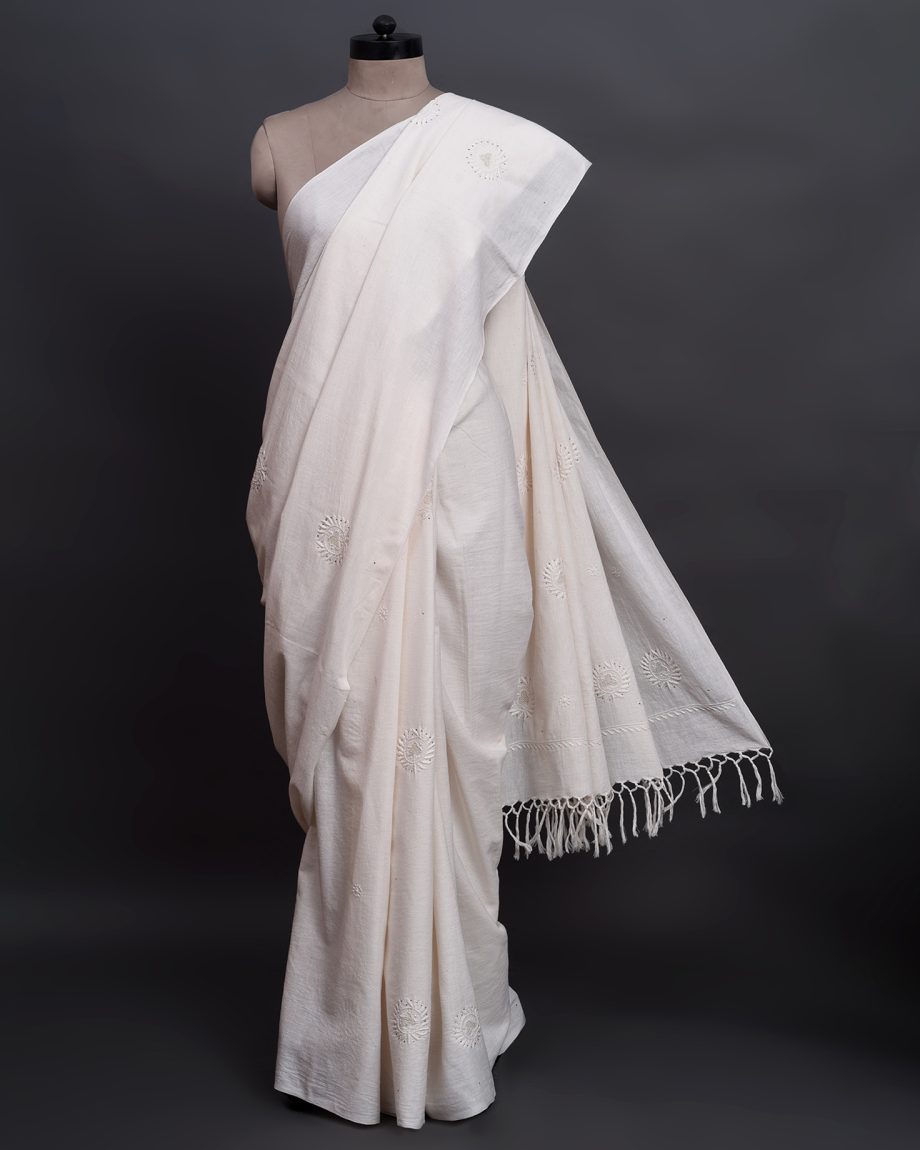 handlooom sari with Lucknowi chikankari embroidery handmade white jaal natural