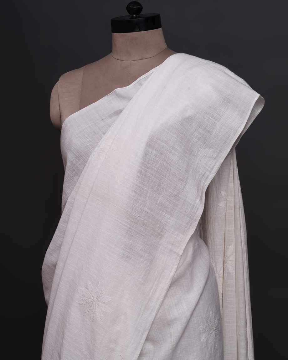 handlooom sari with Lucknowi chikankari embroidery handmade white jaal natural