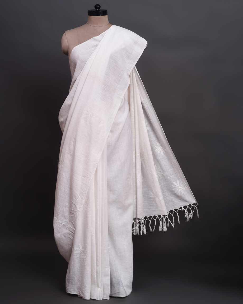 handlooom sari with Lucknowi chikankari embroidery handmade white jaal natural