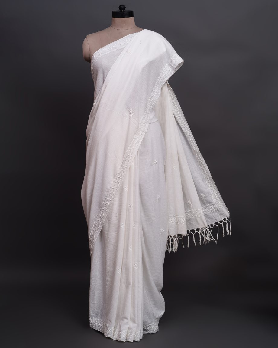 handlooom sari with Lucknowi chikankari embroidery handmade white jaal natural