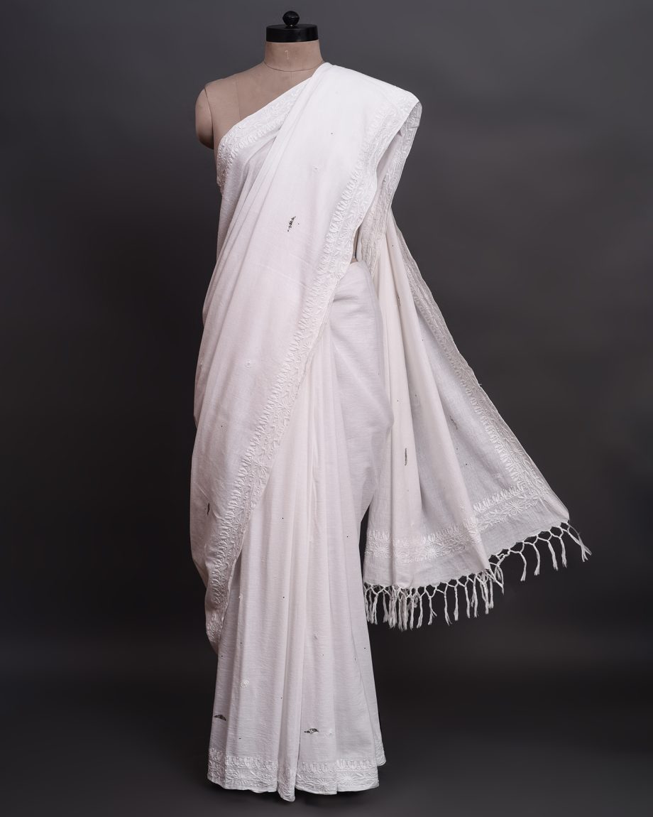 handlooom sari with Lucknowi chikankari embroidery handmade white jaal natural