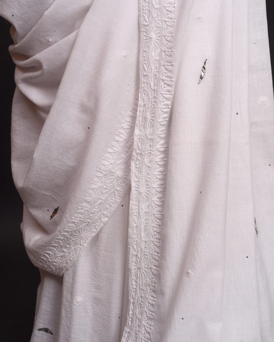 handlooom sari with Lucknowi chikankari embroidery handmade white jaal natural