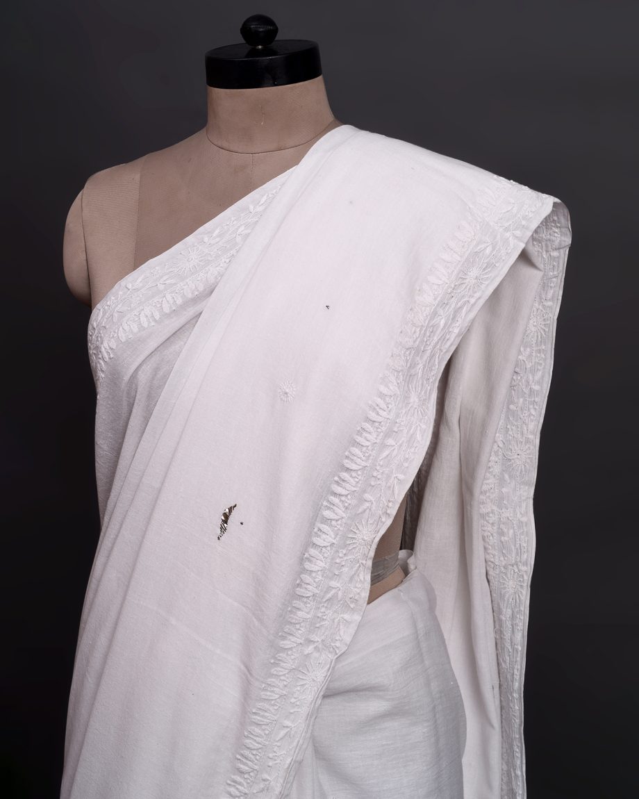 handlooom sari with Lucknowi chikankari embroidery handmade white jaal natural