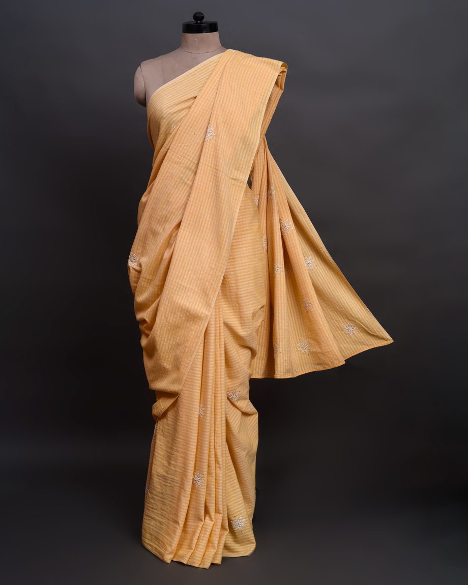 handlooom sari with Lucknowi chikankari embroidery handmade yellow saree