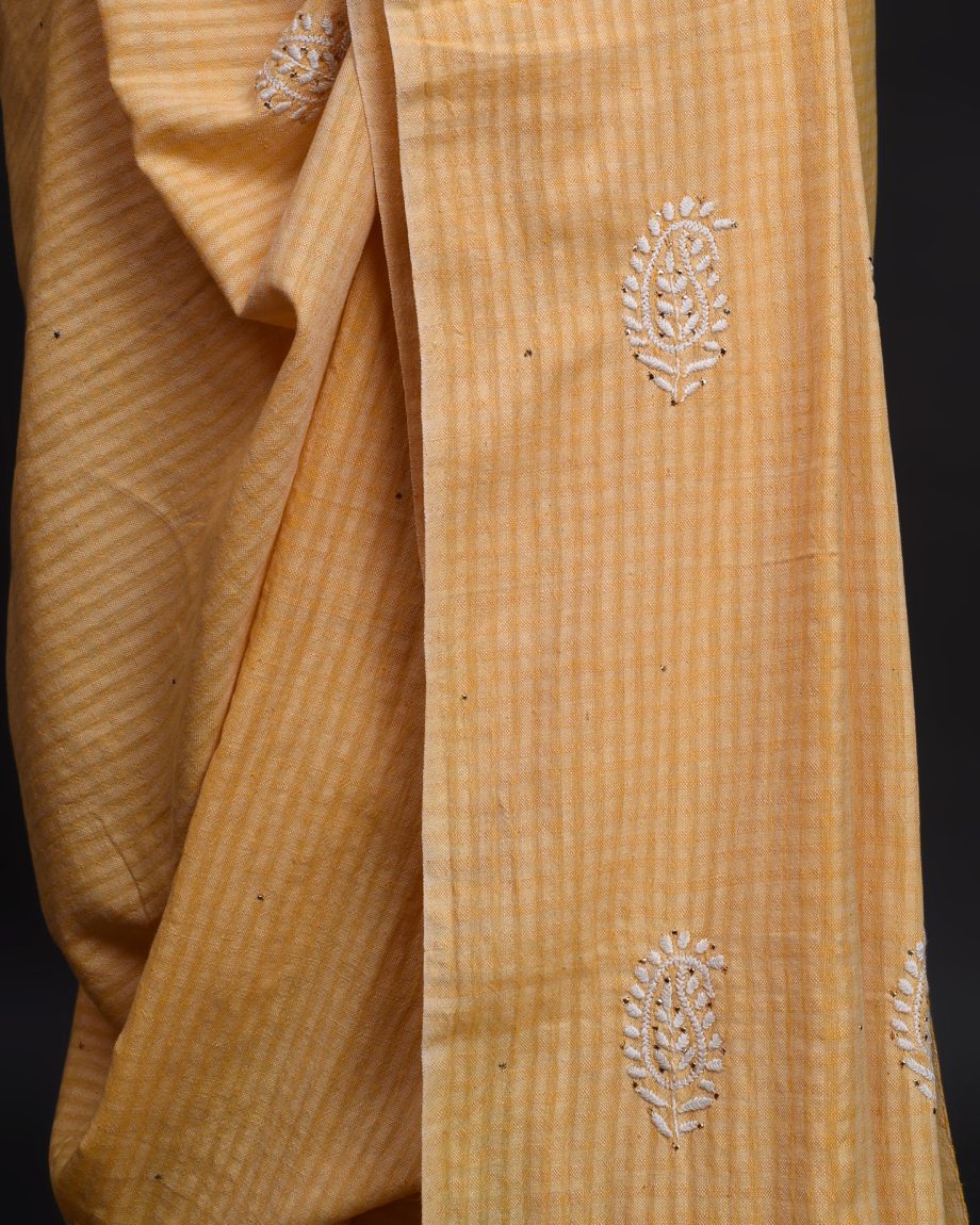 handlooom sari with Lucknowi chikankari embroidery handmade yellow saree