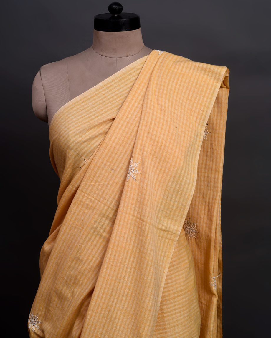 handlooom sari with Lucknowi chikankari embroidery handmade yellow saree